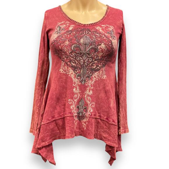 Y2K Vocal Futuristic Maroon Rhinestone Tunic Long Sleeve Top Size Small - Picture 1 of 16